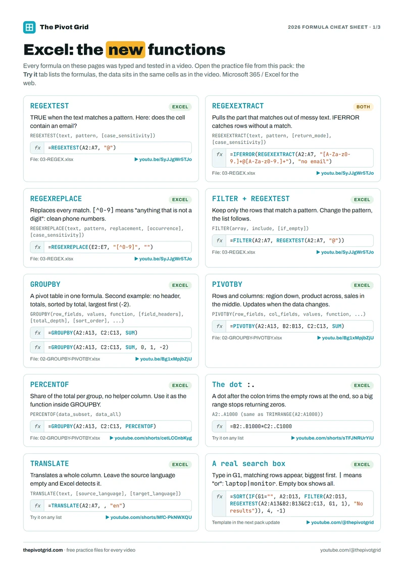 Page 1 of the cheat sheet: Excel's new functions, from REGEXTEST to a real search box